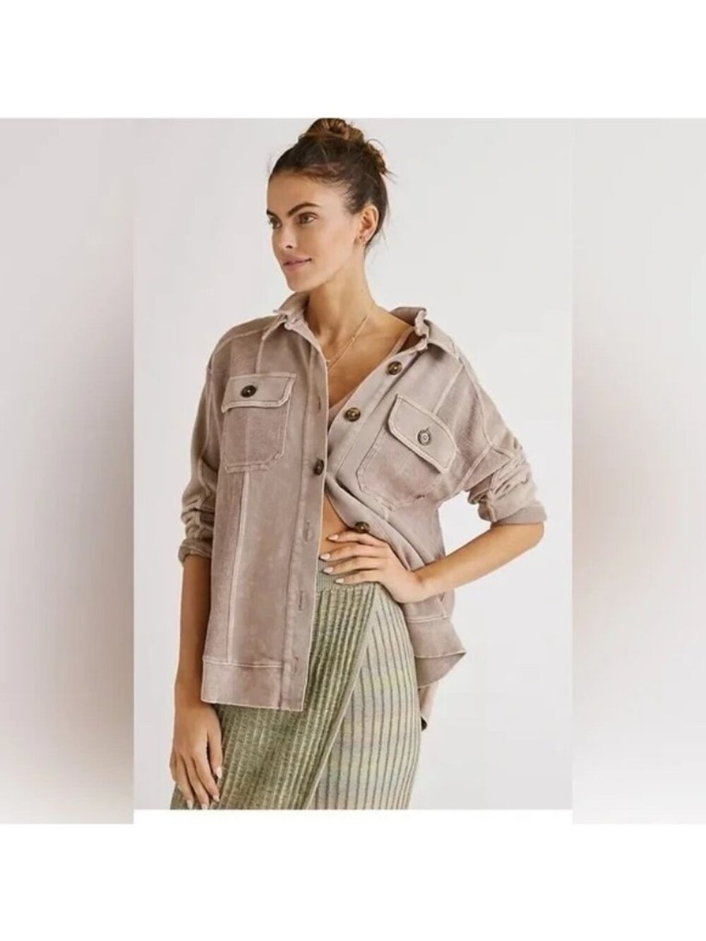 Pilcro Anthropologie Taupe Oversized Washed Shacket With Ribbed Details